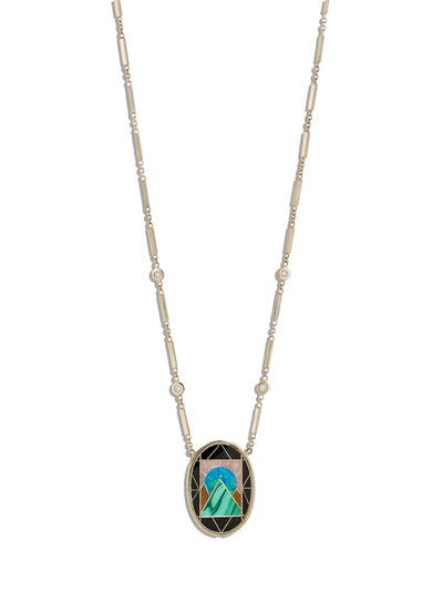 Oval Pyramid Scenic Gemstone Inlay Yellow Gold Necklace