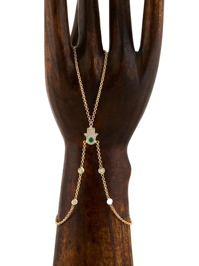 Pave Diamond Emerald Hamsa Double Stem Finger Bracelet