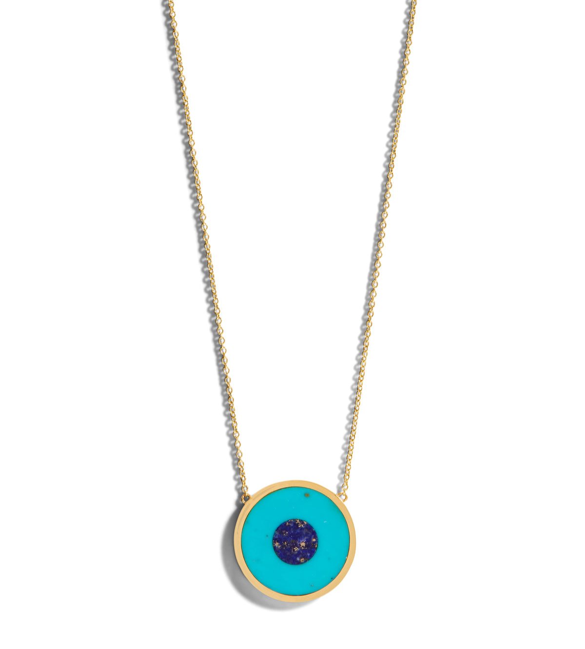 Turquoise Inlay with Lapis Center Evil Eye Yellow Gold Necklace