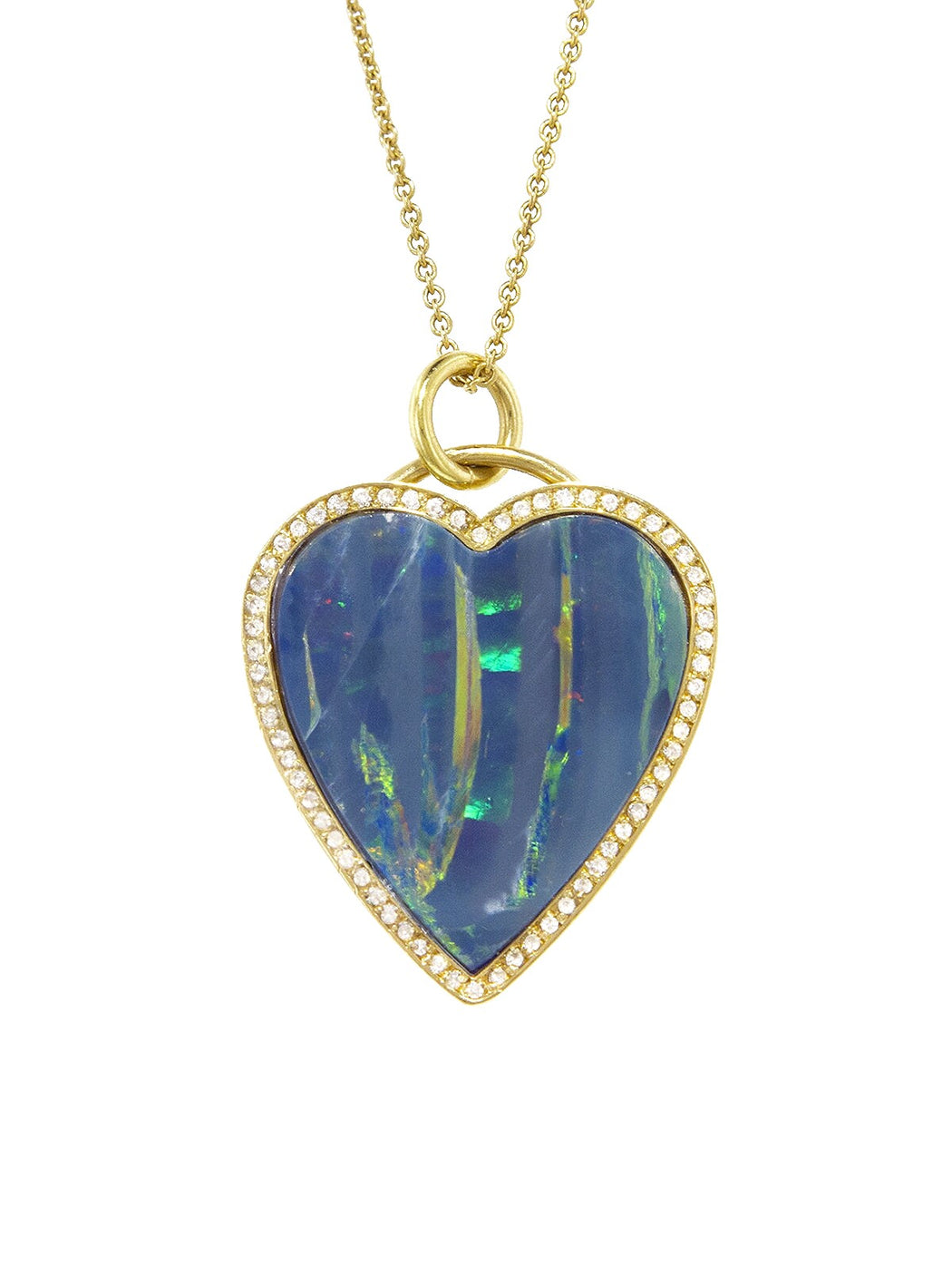Opal Inlay Diamond Heart Yellow Gold Necklace