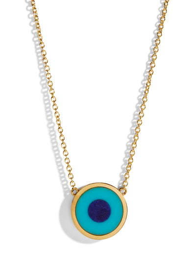Mini Turquoise with Lapis Center Evil Eye Yellow Gold Necklace