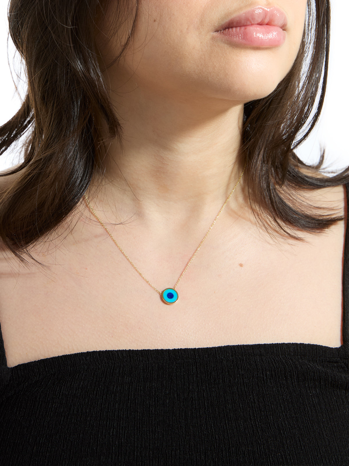 Mini Turquoise with Lapis Center Evil Eye Yellow Gold Necklace