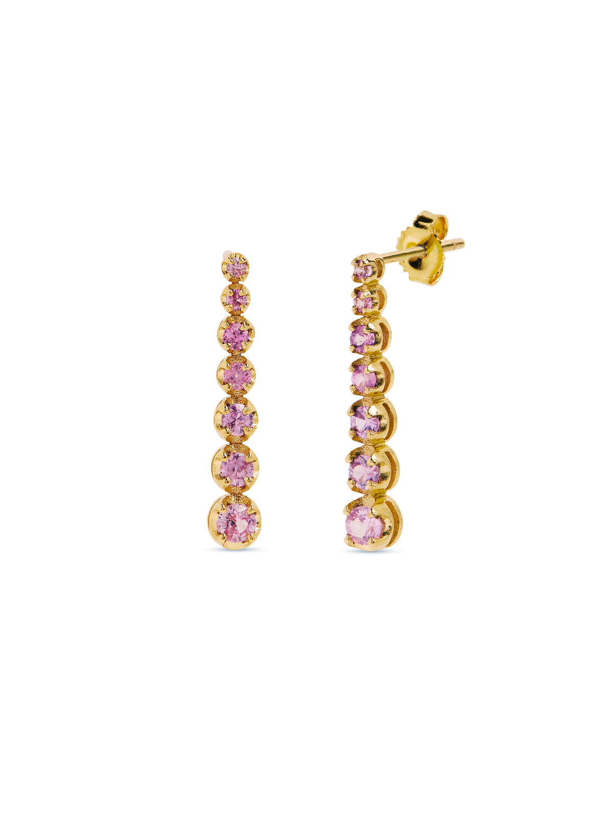 Mini Graduated Pink Sapphire Yellow Gold Tennis Stud Earrings