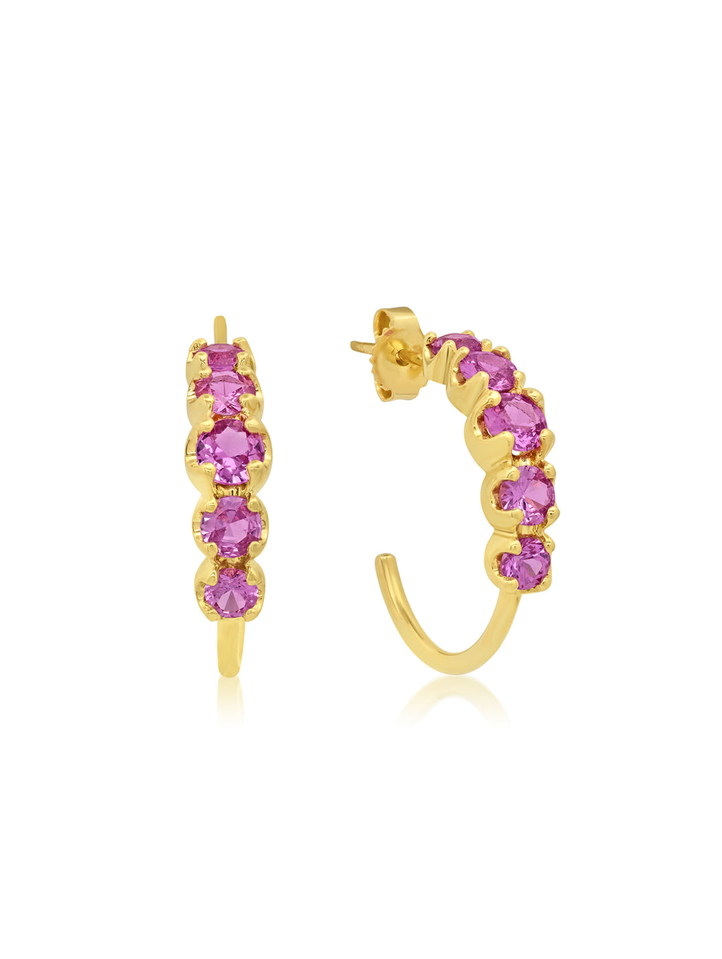 Small Graduated Pink Sapphire Yellow Gold Hoop Earrings