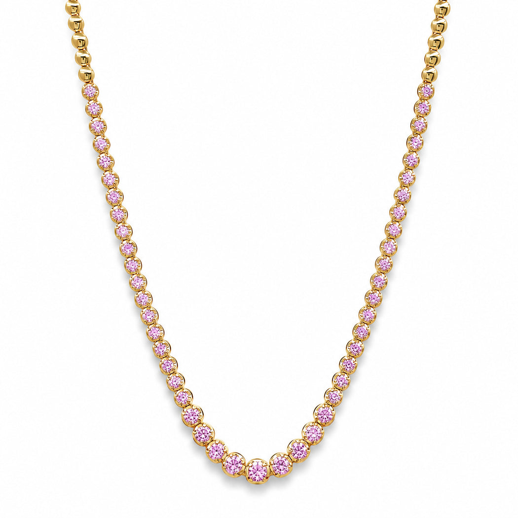 Graduated Pink Sapphire Yellow Gold Tennis Necklace