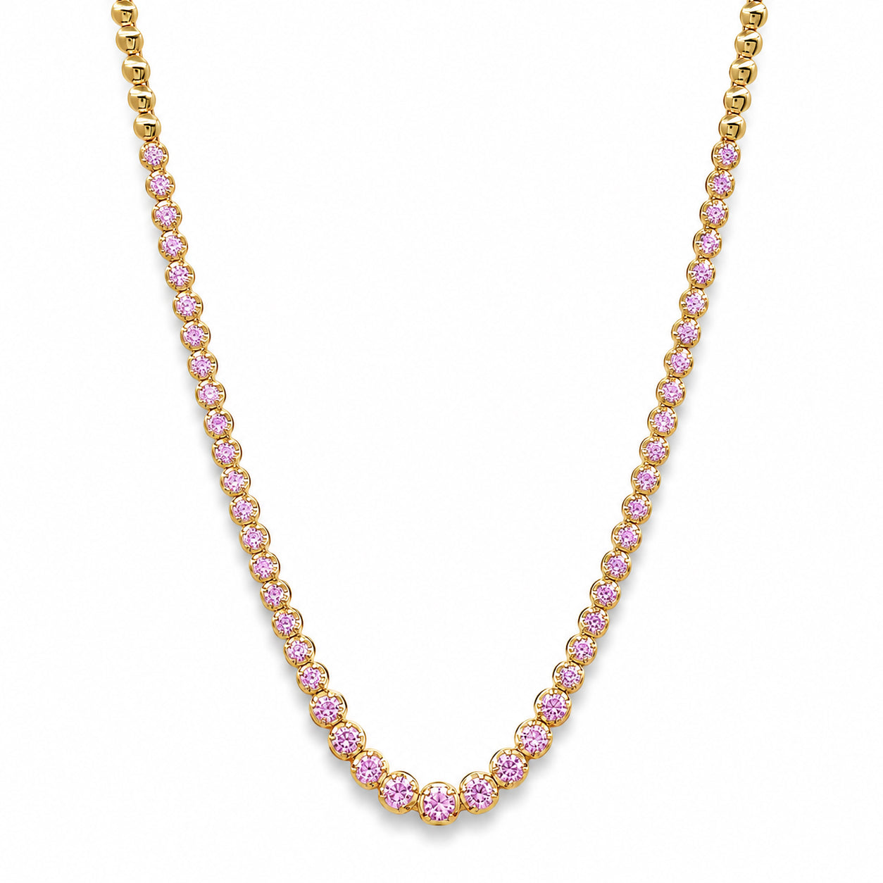Graduated Pink Sapphire Yellow Gold Tennis Necklace