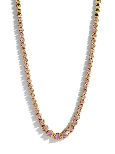 Graduated Pink Sapphire Yellow Gold Tennis Necklace
