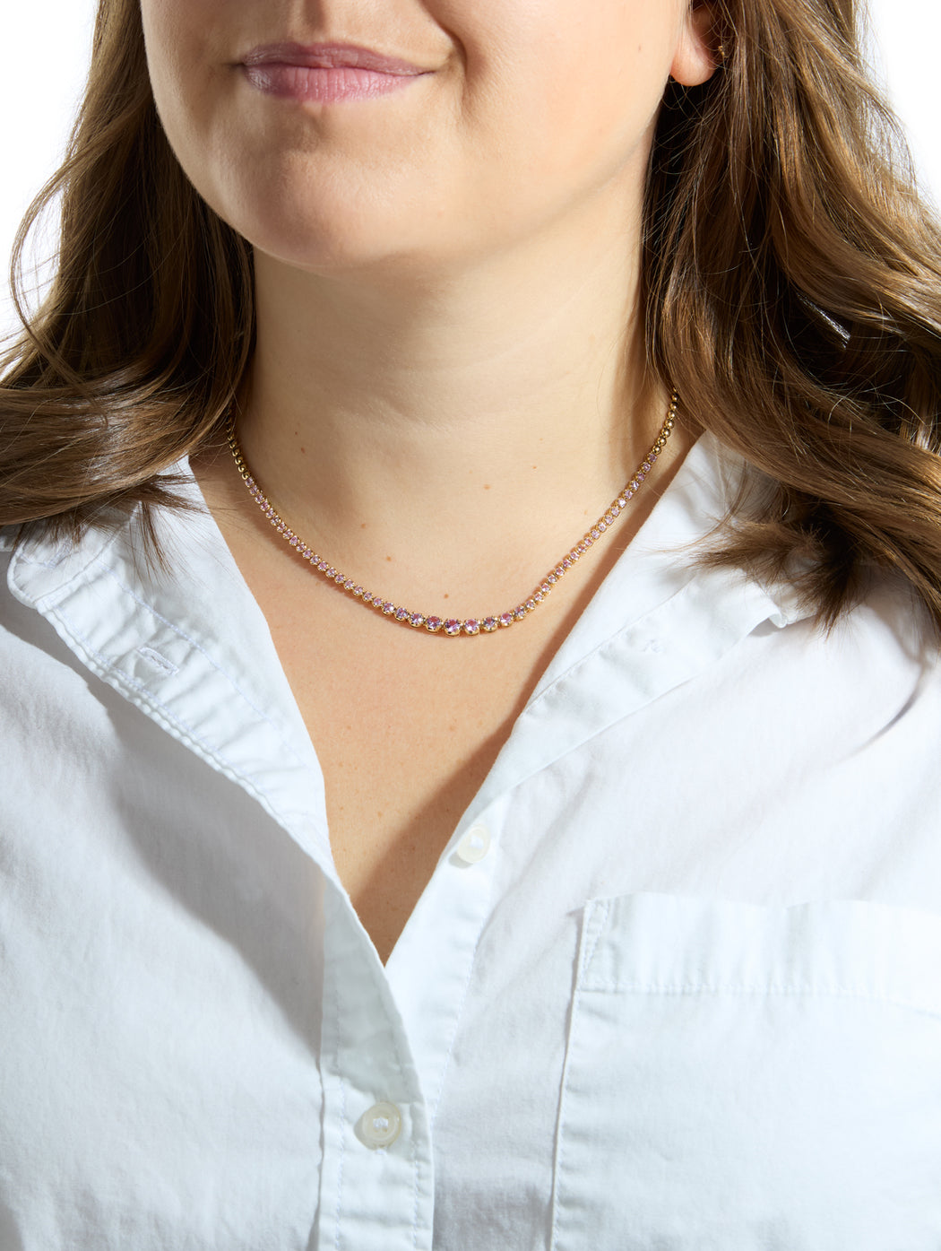 Graduated Pink Sapphire Yellow Gold Tennis Necklace