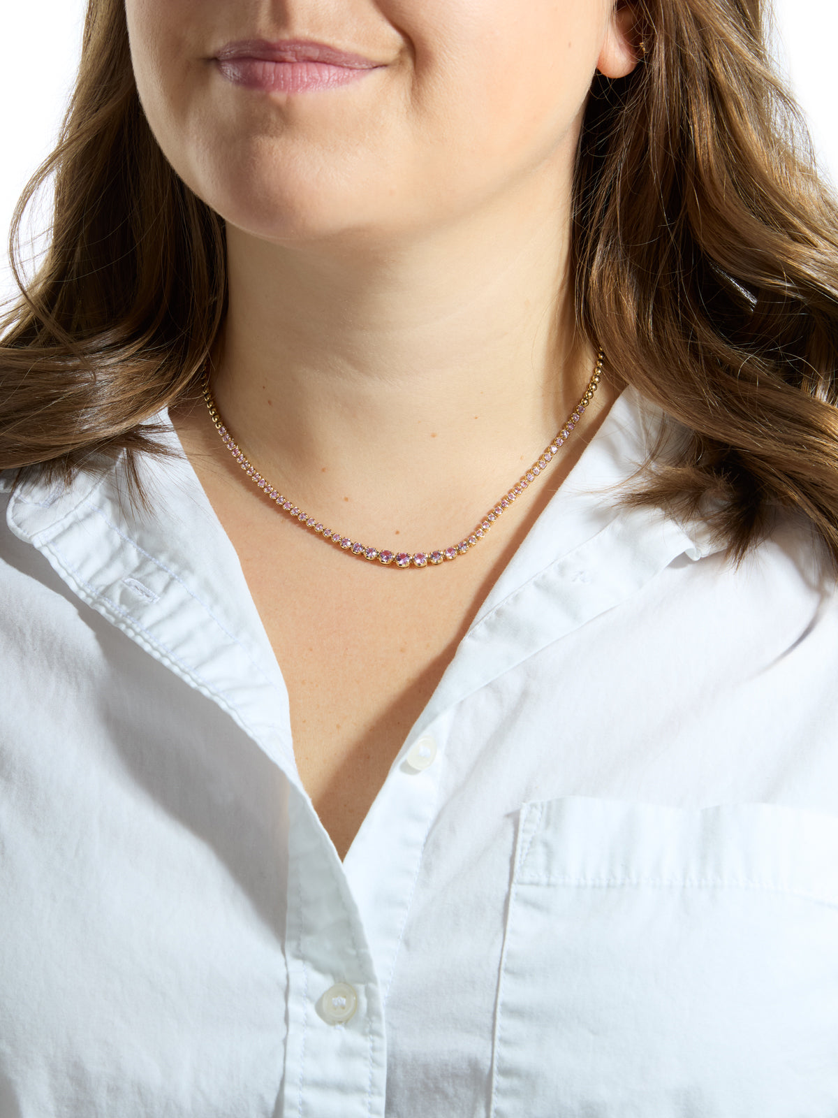 Graduated Pink Sapphire Yellow Gold Tennis Necklace