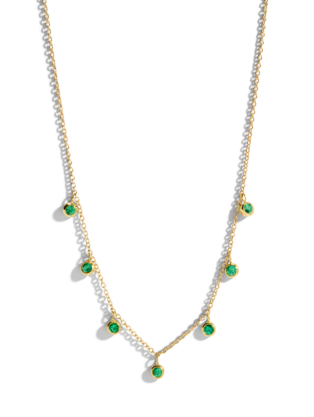 7 Mini Bezel Emerald Dangle Yellow Gold Necklace
