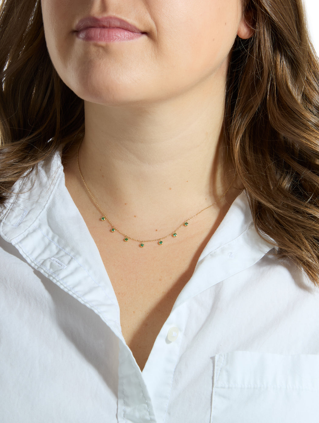 7 Mini Bezel Emerald Dangle Yellow Gold Necklace