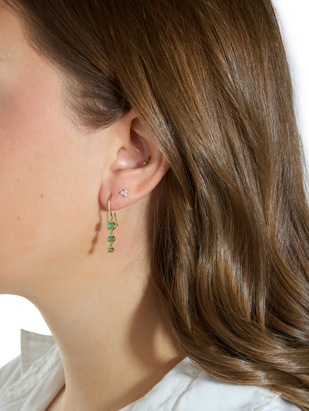 3 Graduated Illusion Set Emerald Yellow Gold Earrings