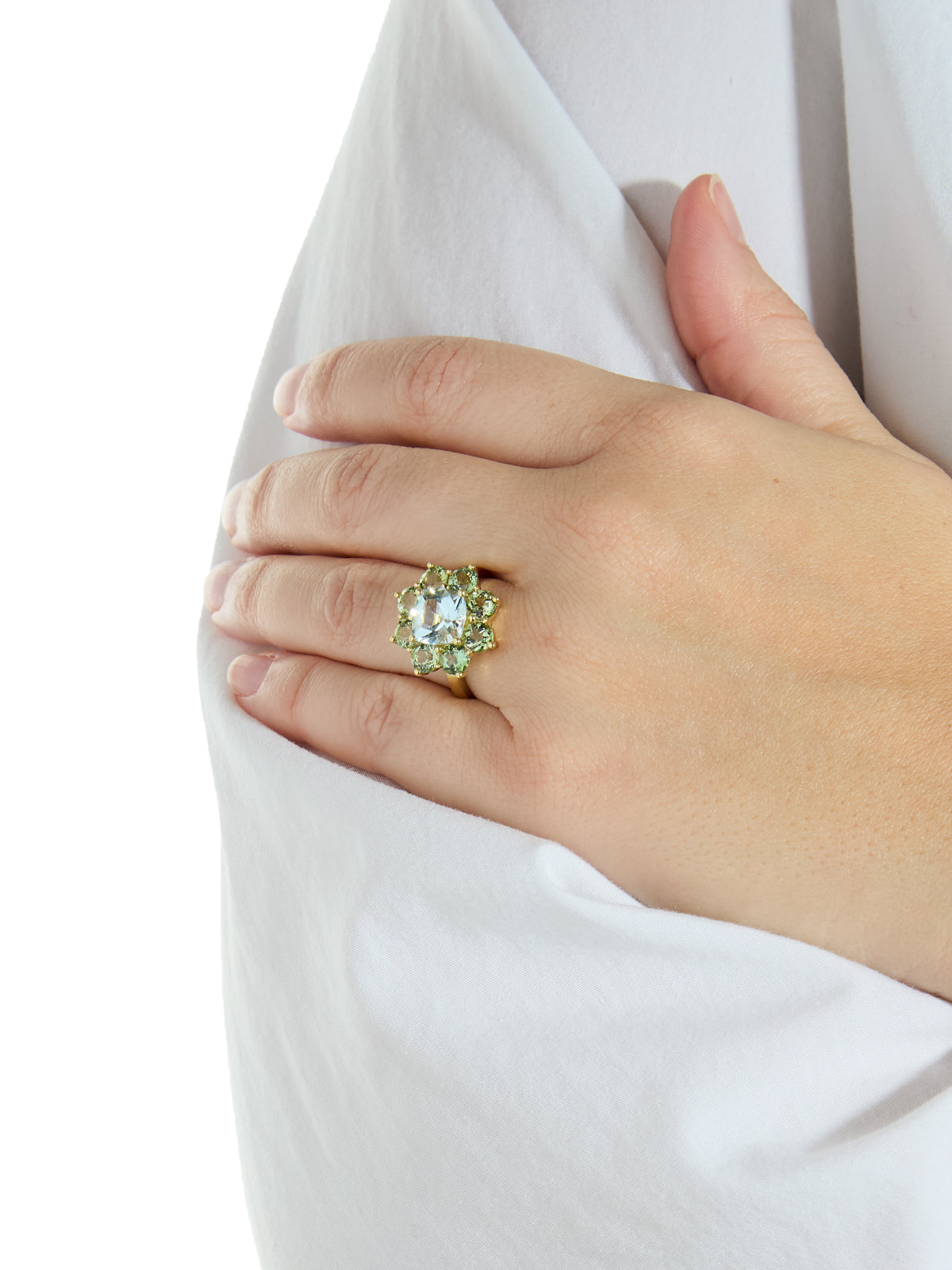 Mint Tourmaline & Aquamarine Statement Flower Yellow Gold Ring