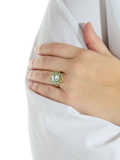 Mint Tourmaline & Aquamarine Statement Flower Yellow Gold Ring