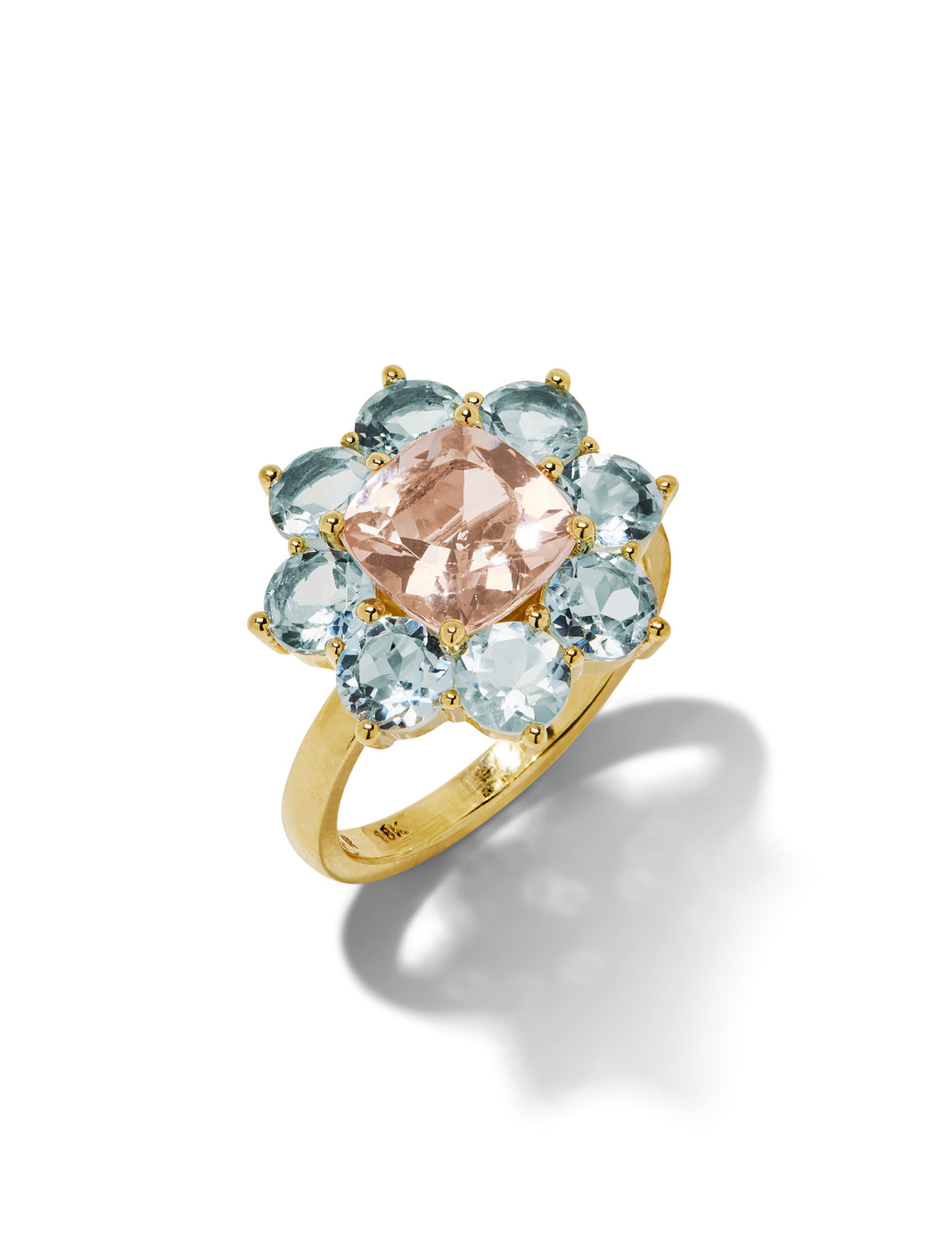 Aquamarine & Morganite Statement Flower Yellow Gold Ring