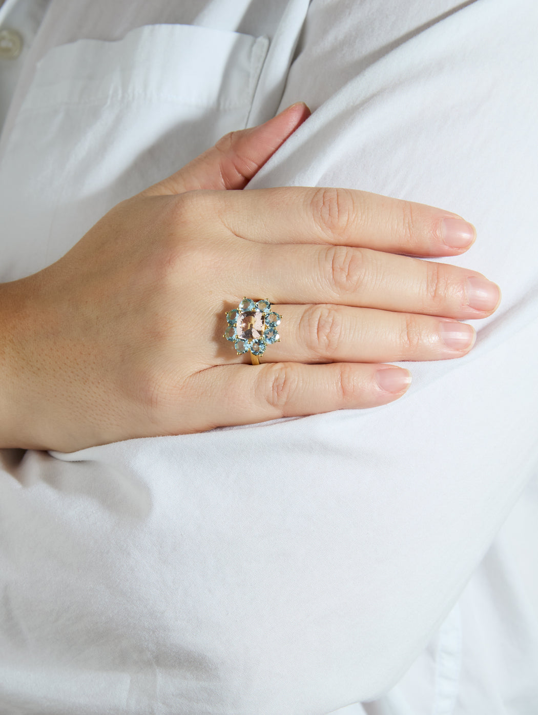 Aquamarine & Morganite Statement Flower Yellow Gold Ring