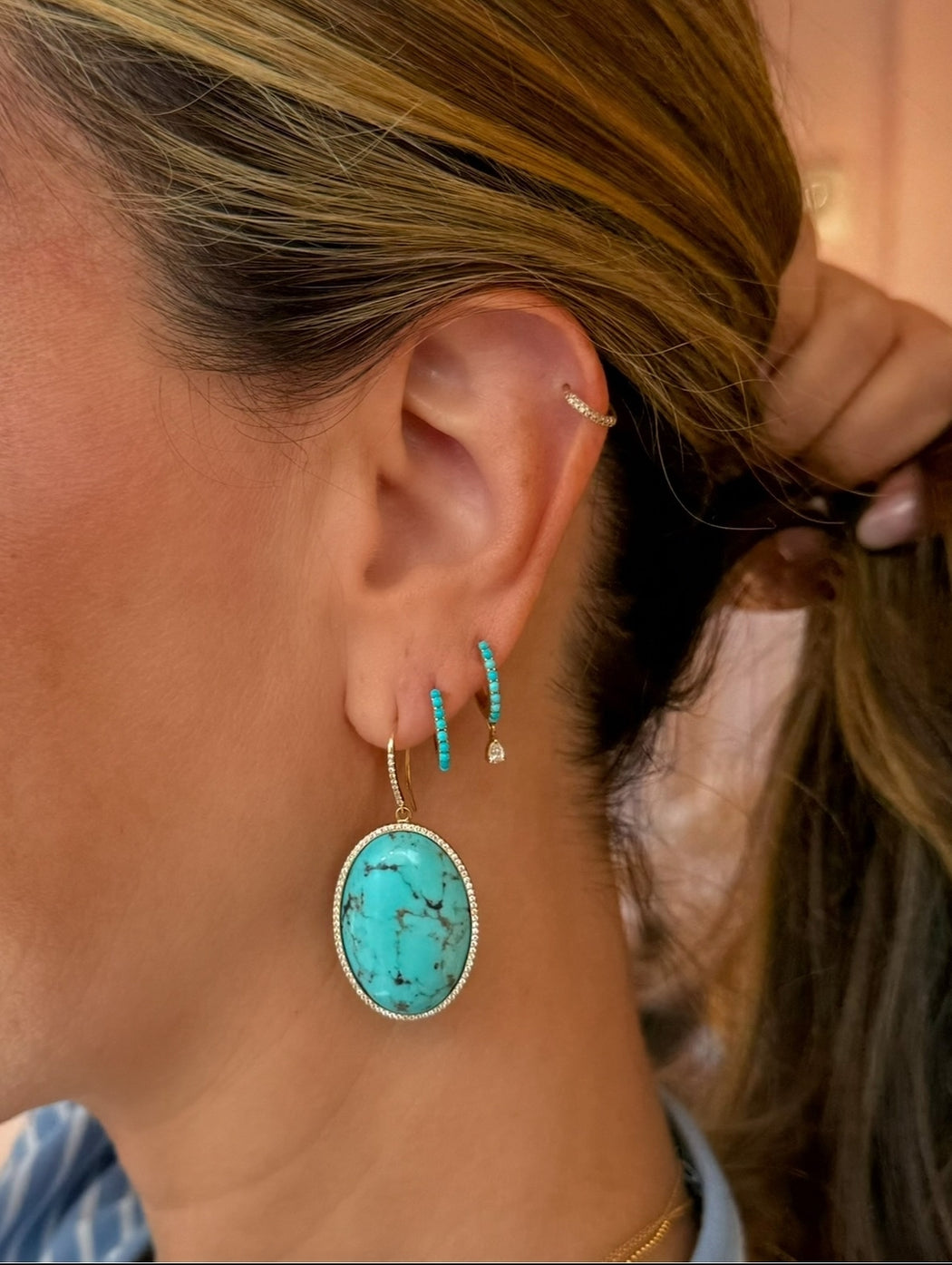 Turquoise Yellow Gold Huggie Hoop Earrings