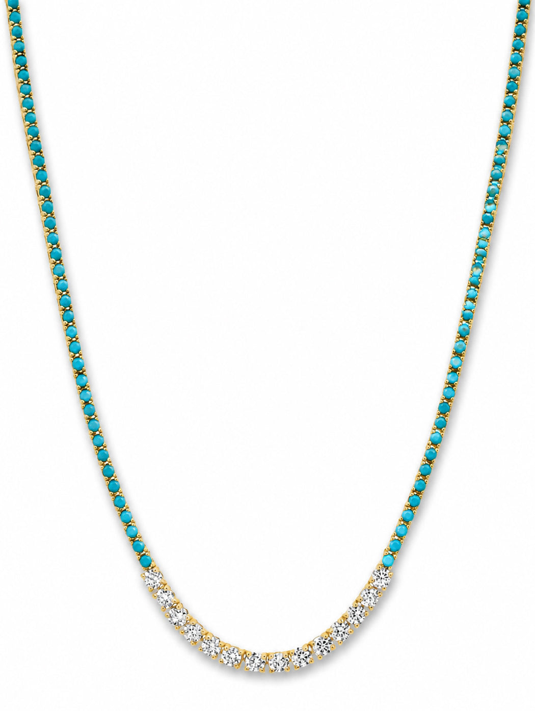 Small 4-Prong Turquoise Yellow Gold Tennis Necklace