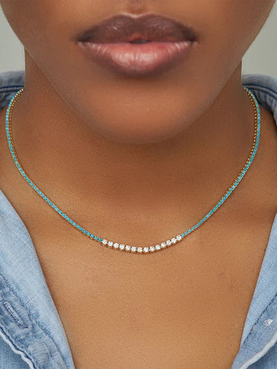 Small 4-Prong Turquoise Yellow Gold Tennis Necklace