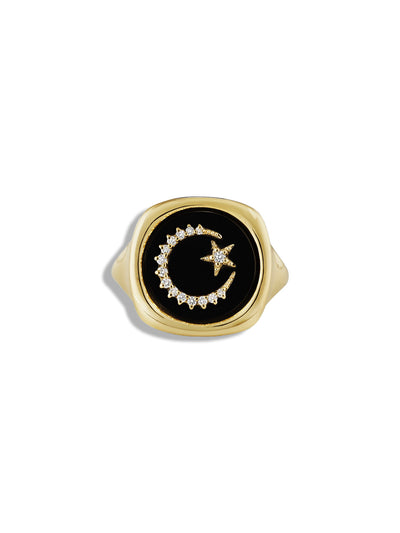 New Moon & Star Yellow Gold Signet Ring