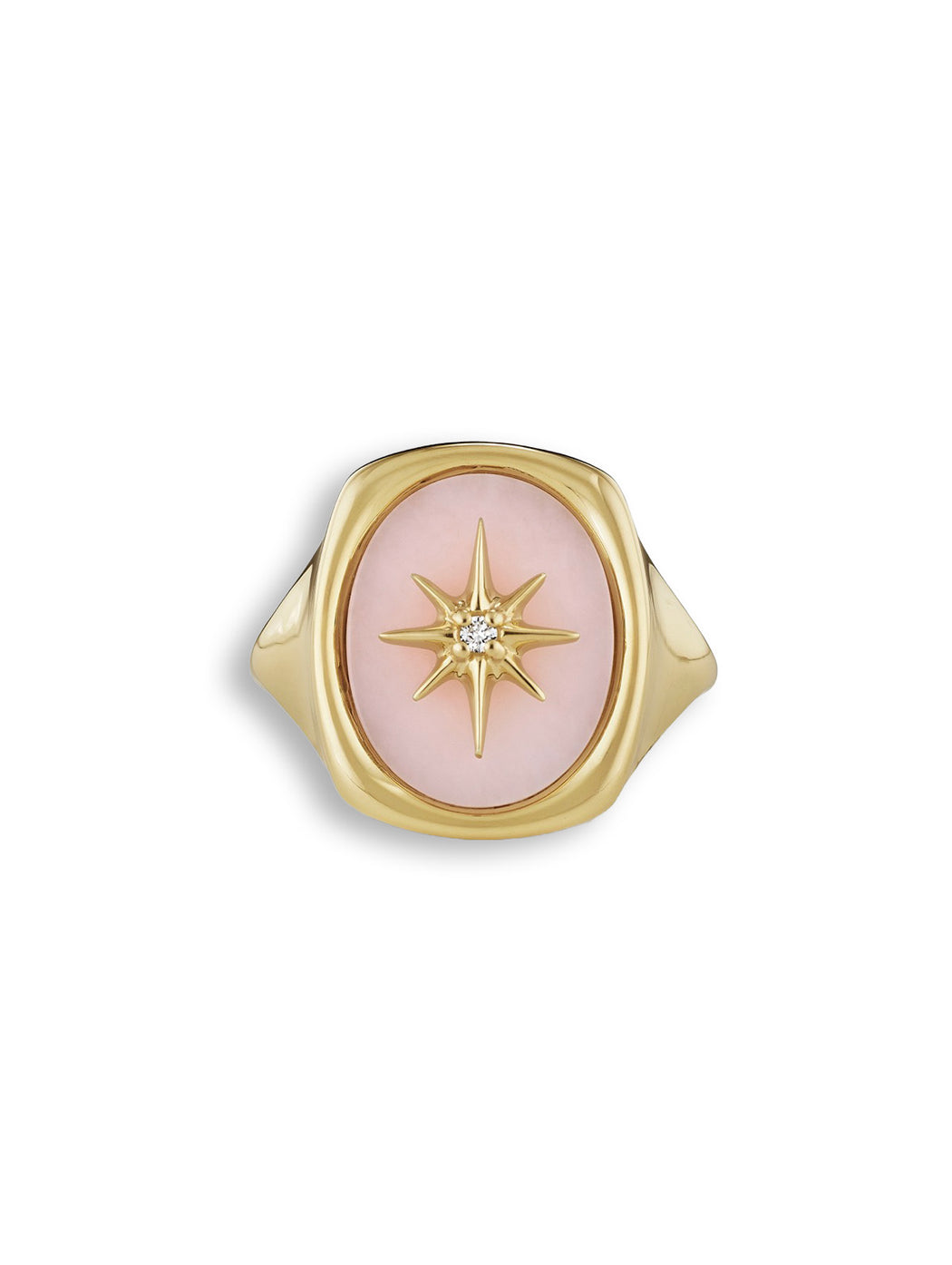 Pink Opal Oval Starburst Yellow Gold Signet Ring