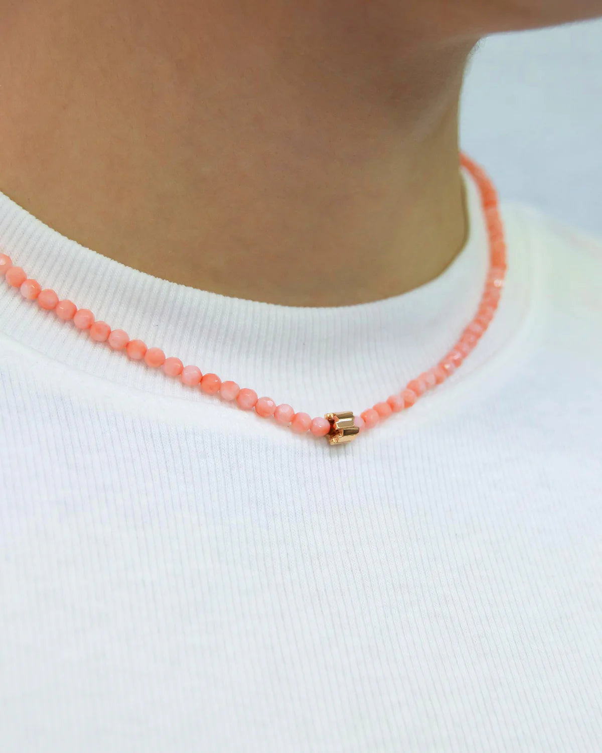 Mini Rondelle Pink Coral Beaded Yellow Gold Necklace