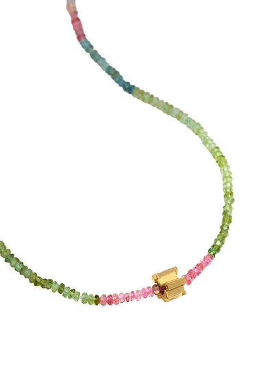 Mini Rondelle Pink and Green Tourmaline Beaded Yellow Gold Necklace