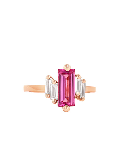 One of a Kind Pink Sapphire Baguette and Diamond Rose Gold Ring