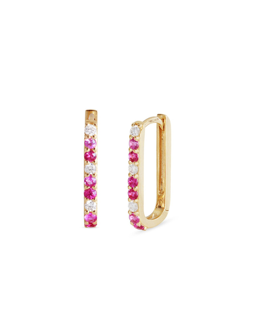 Diamond, Pink Sapphire, & Ruby Small Paperclip Yellow Gold Hoop Earrings
