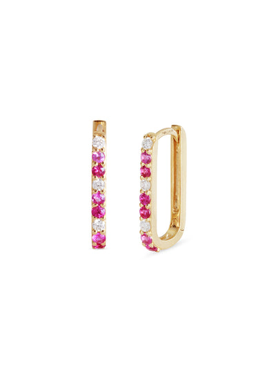Diamond, Pink Sapphire, & Ruby Small Paperclip Yellow Gold Hoop Earrings