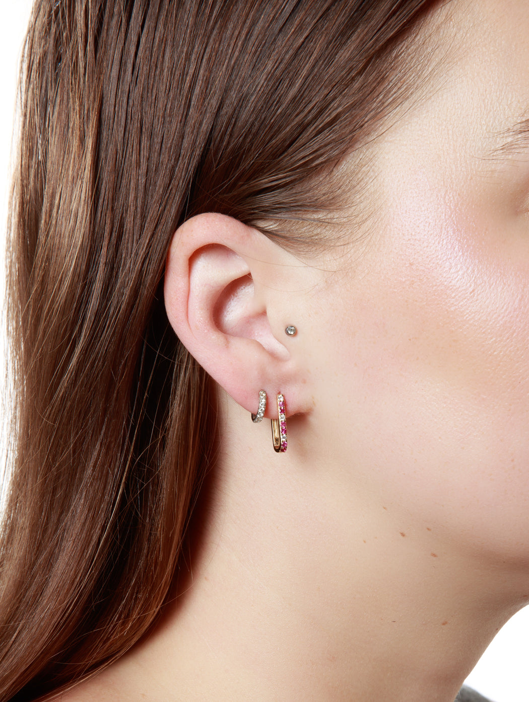 Diamond, Pink Sapphire, & Ruby Small Paperclip Yellow Gold Hoop Earrings