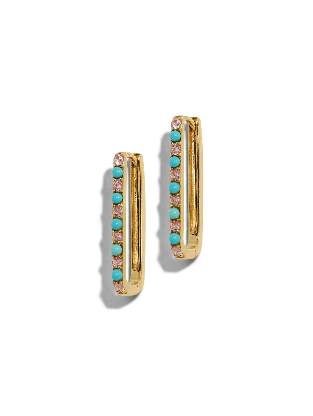 Turquoise & Pink Sapphire Large Paperclip Yellow Gold Hoop Earrings