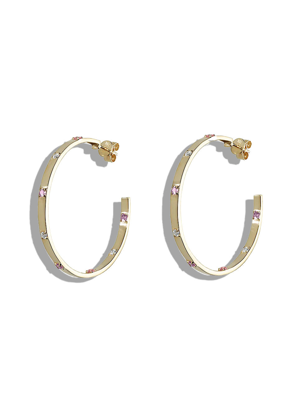 Diamond & Pink Sapphire Ribbon Yellow Gold Hoops