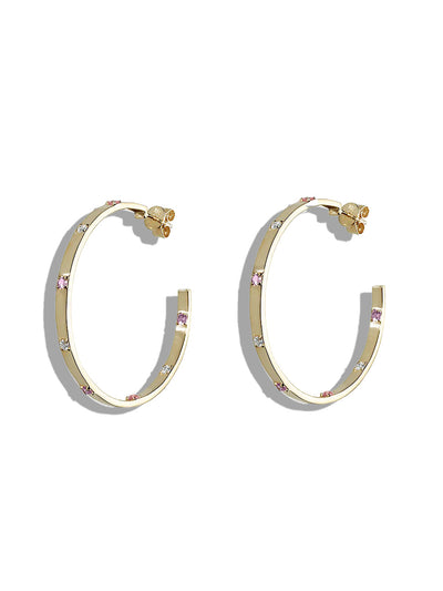 Diamond & Pink Sapphire Ribbon Yellow Gold Hoops