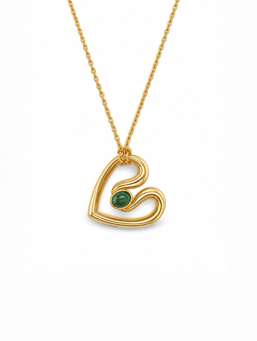 Small Green Tourmaline Ribbon Heart Yellow Gold Necklace