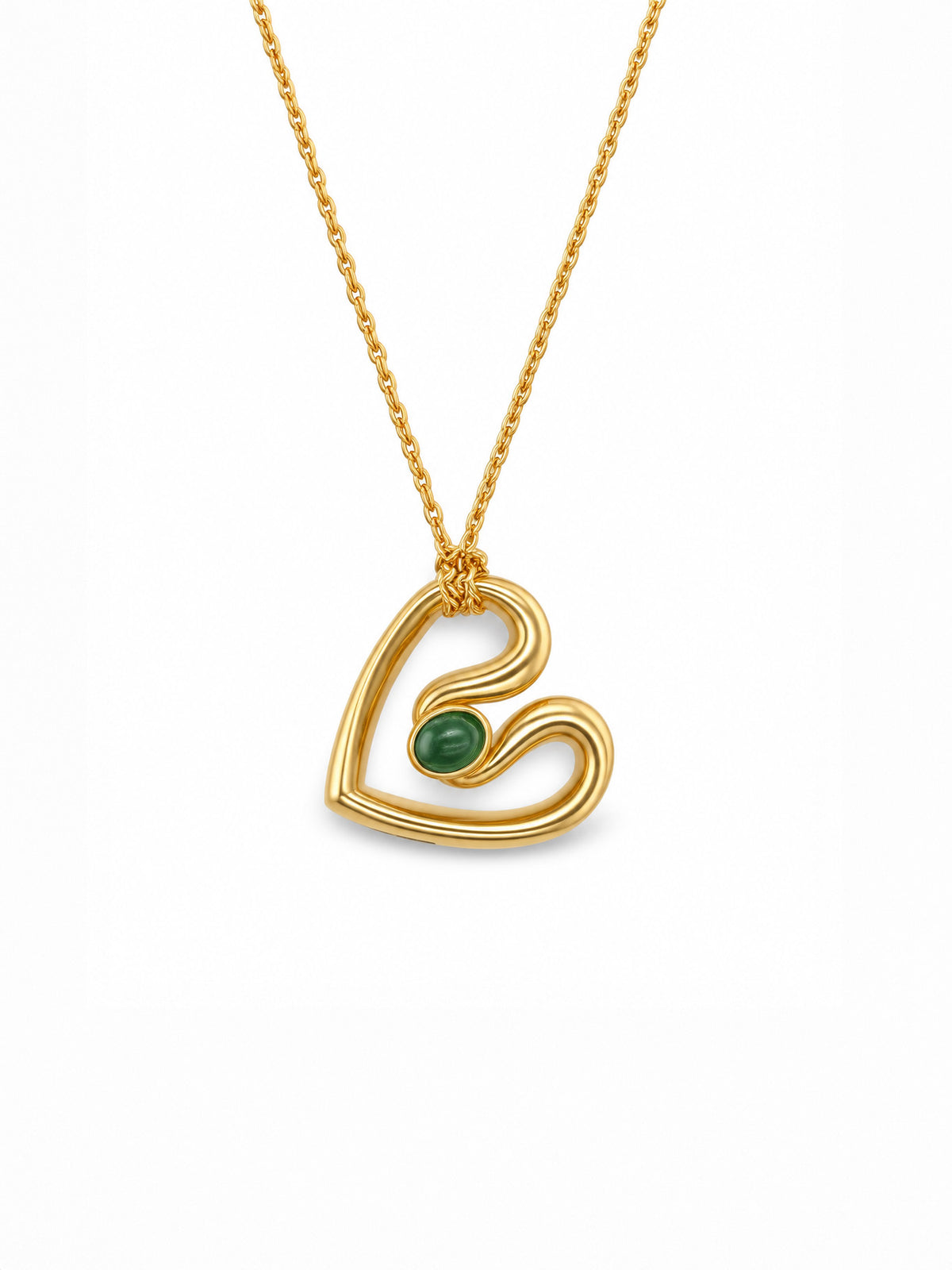 Small Green Tourmaline Ribbon Heart Yellow Gold Necklace