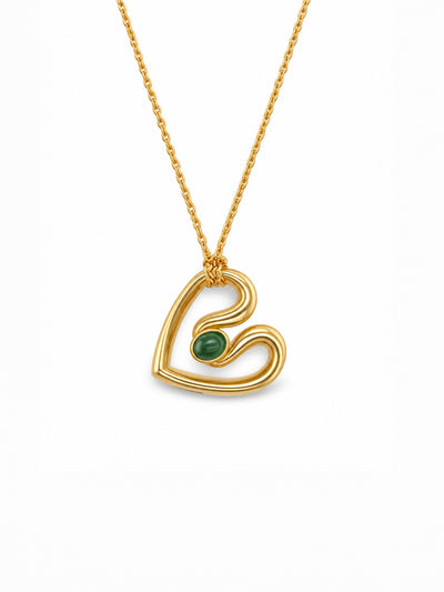 Small Green Tourmaline Ribbon Heart Yellow Gold Necklace