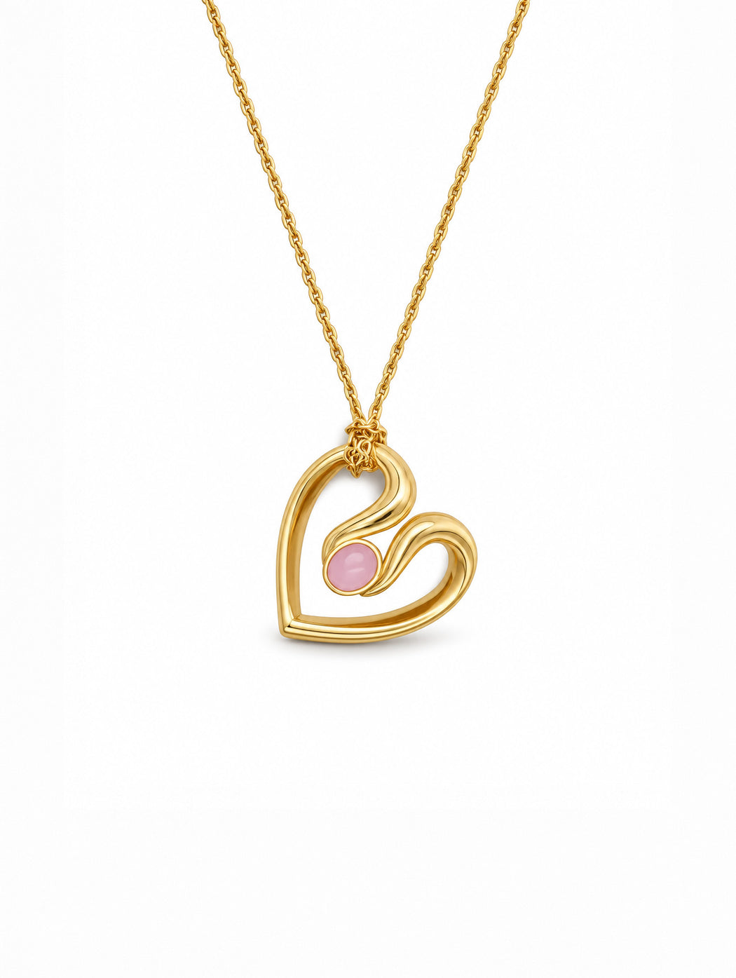 Small Pink Opal Ribbon Heart Yellow Gold Necklace