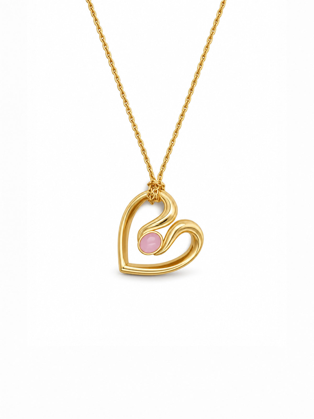 Small Pink Opal Ribbon Heart Yellow Gold Necklace