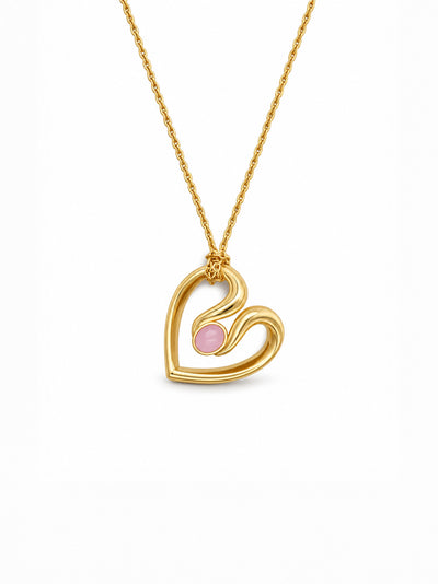 Small Pink Opal Ribbon Heart Yellow Gold Necklace