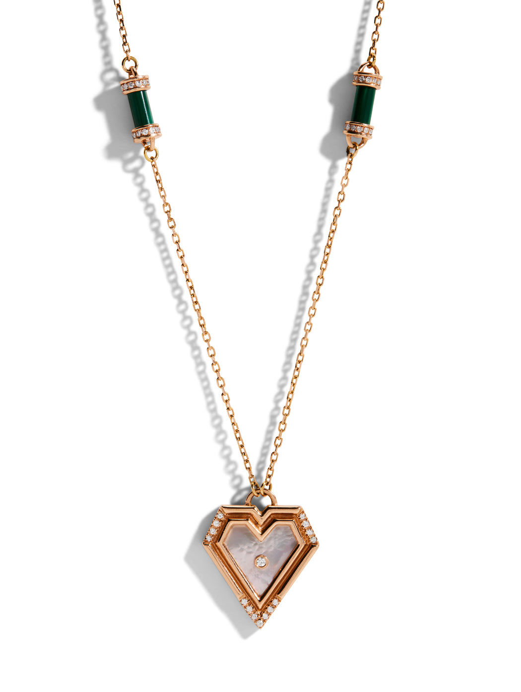 Mother Of Pearl & Malachite Super Heart Rose Gold Necklace