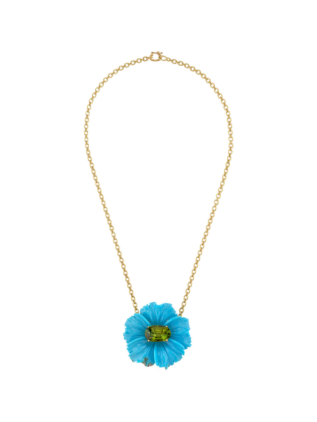 Tropical Flower Turquoise & Green Tourmaline Center Yellow Gold Necklace