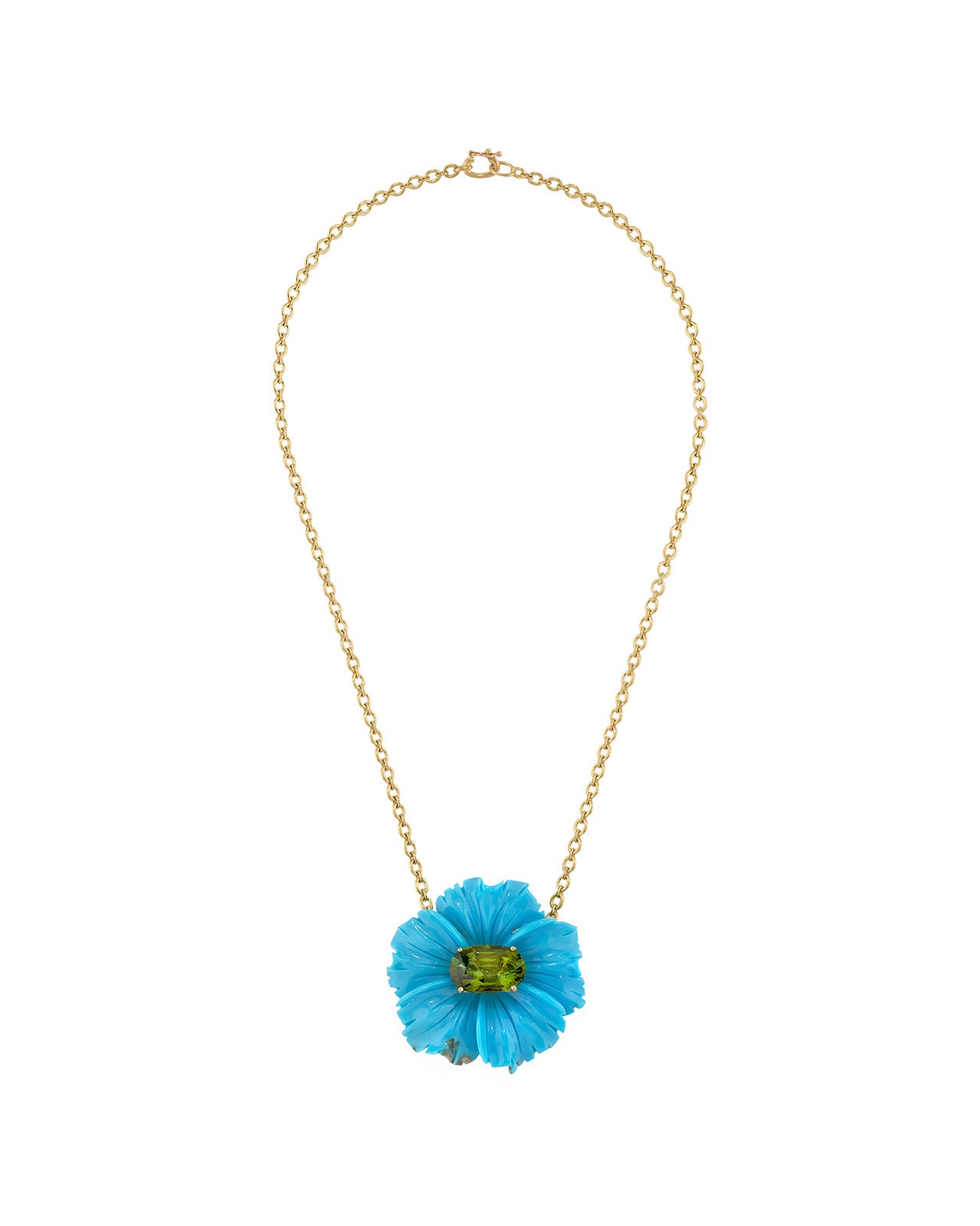 Tropical Flower Turquoise & Green Tourmaline Center Yellow Gold Necklace
