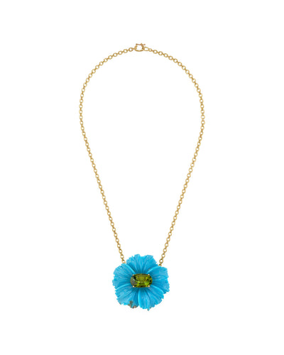 Tropical Flower Turquoise & Green Tourmaline Center Yellow Gold Necklace