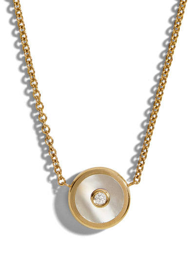 Mini White Mother of Pearl and Diamond Compass Yellow Gold Necklace
