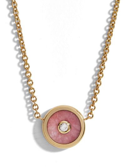 Mini Pink Opal and Diamond Compass Yellow Gold Necklace