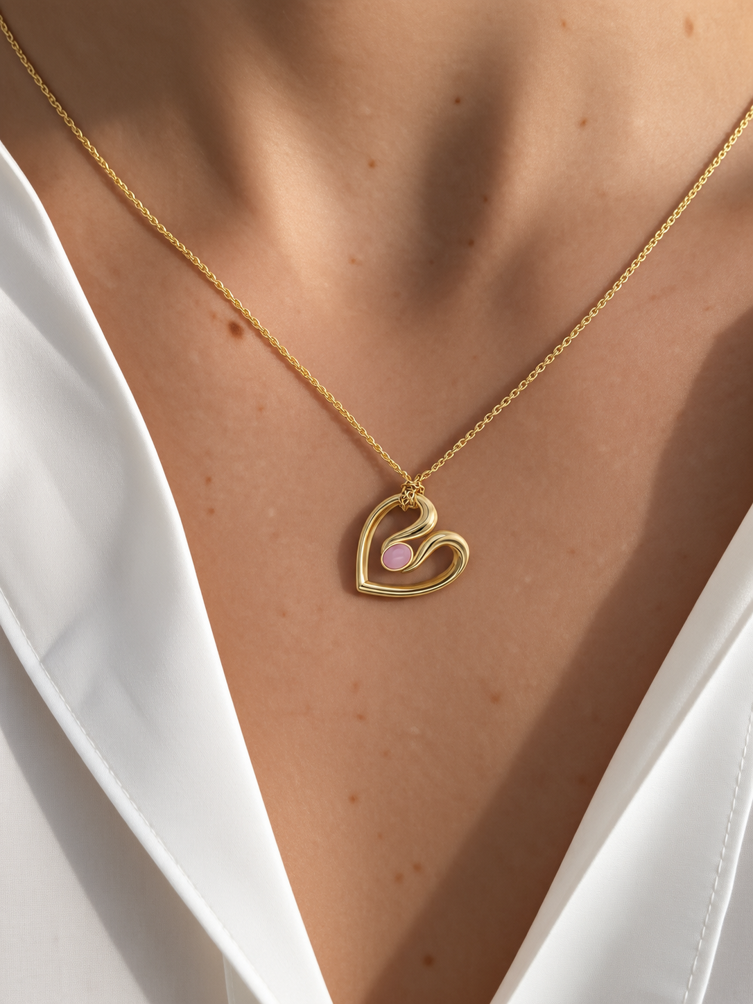 Small Pink Opal Ribbon Heart Yellow Gold Necklace