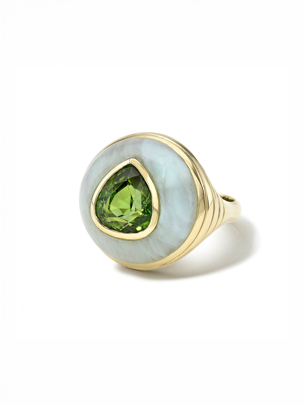 Green Tourmaline Pear in Peruvian Opal Petite Lollipop Yellow Gold Ring