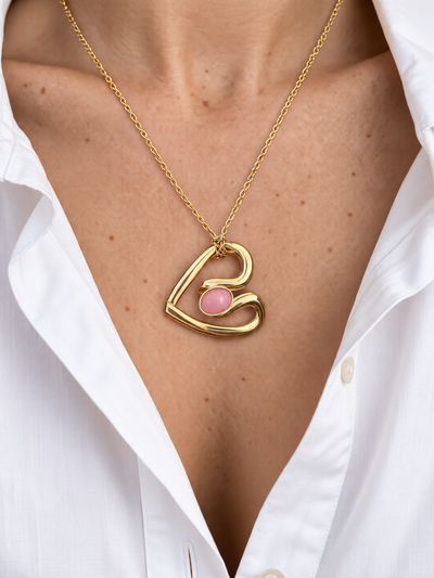 Pink Tourmaline Ribbon Heart Yellow Gold Necklace