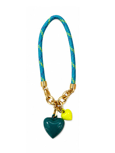 The Dark Turquoise Happy Cord Double Heart Charm Bracelet
